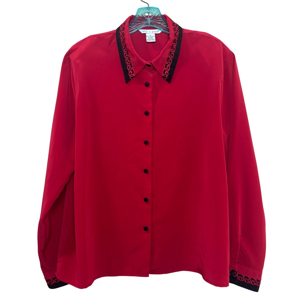 Vintage Button Up Blouse Womens 16 Red Black Embroidered Collar Long Sleeve Chic